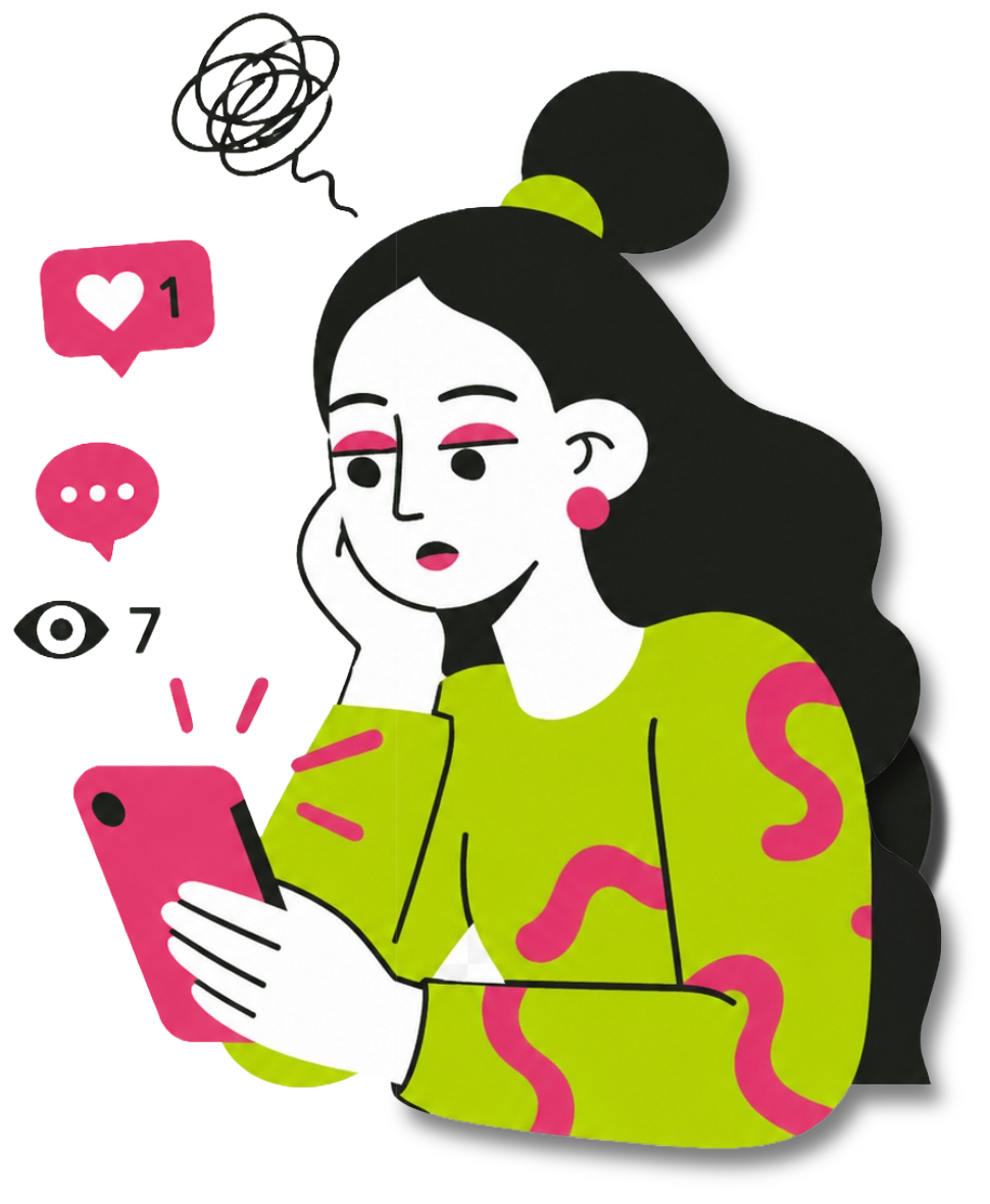 Créatrice qui fixe son téléphone : peu de vues, peu de likes